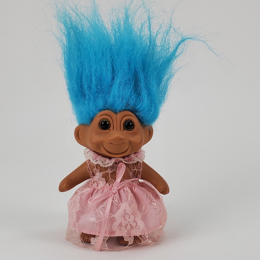 Vintage 1991 TNT Troll Doll Blue Hair Pink Lace Dress 3 inch Retro Collectible